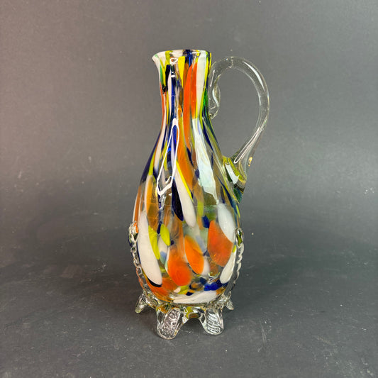 Vintage Murano Style Art Glass Jug Vase – Multicolour Spatter with Applied Feet & Handle