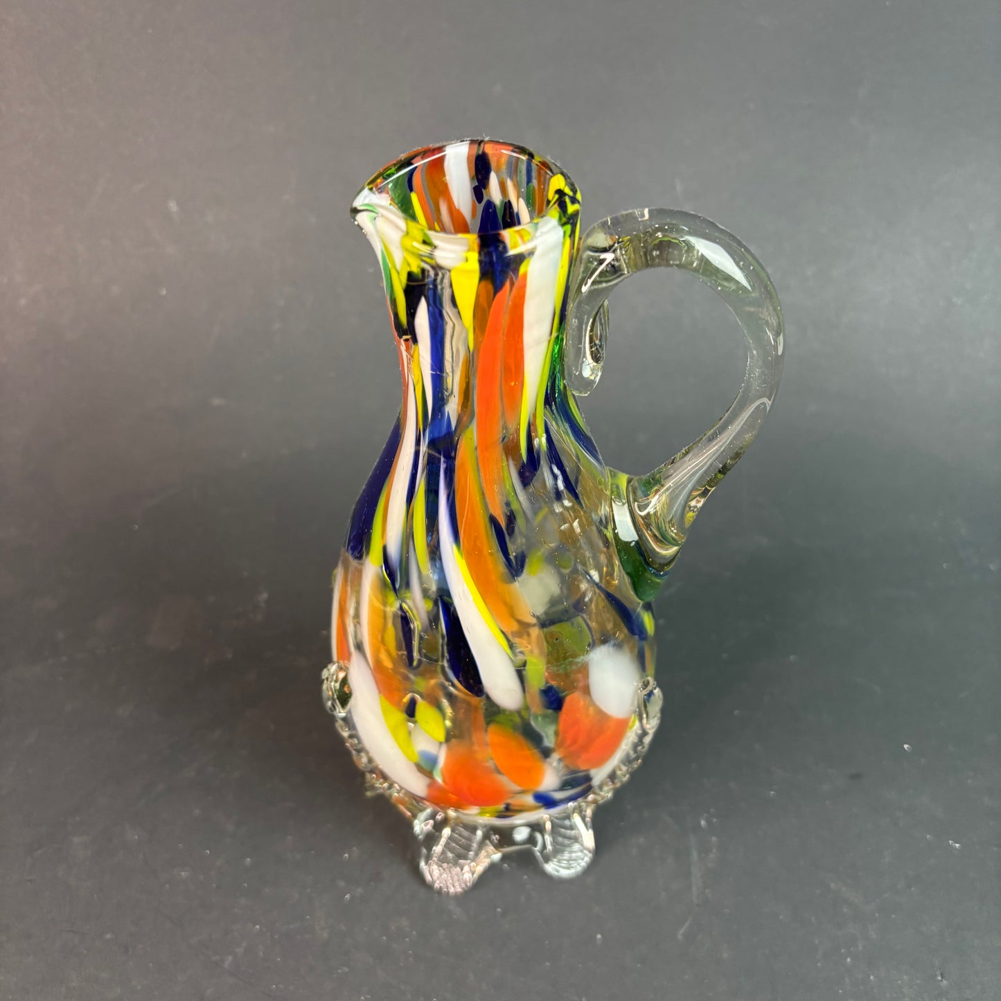 Vintage Murano Style Art Glass Jug Vase – Multicolour Spatter with Applied Feet & Handle