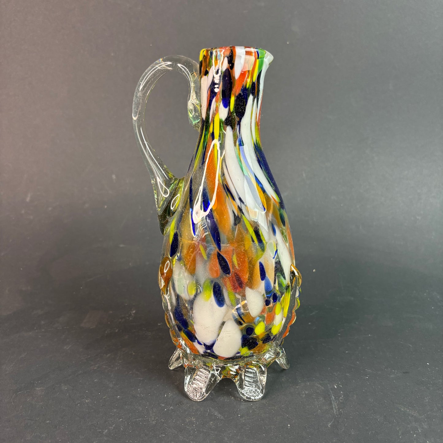 Vintage Murano Style Art Glass Jug Vase – Multicolour Spatter with Applied Feet & Handle