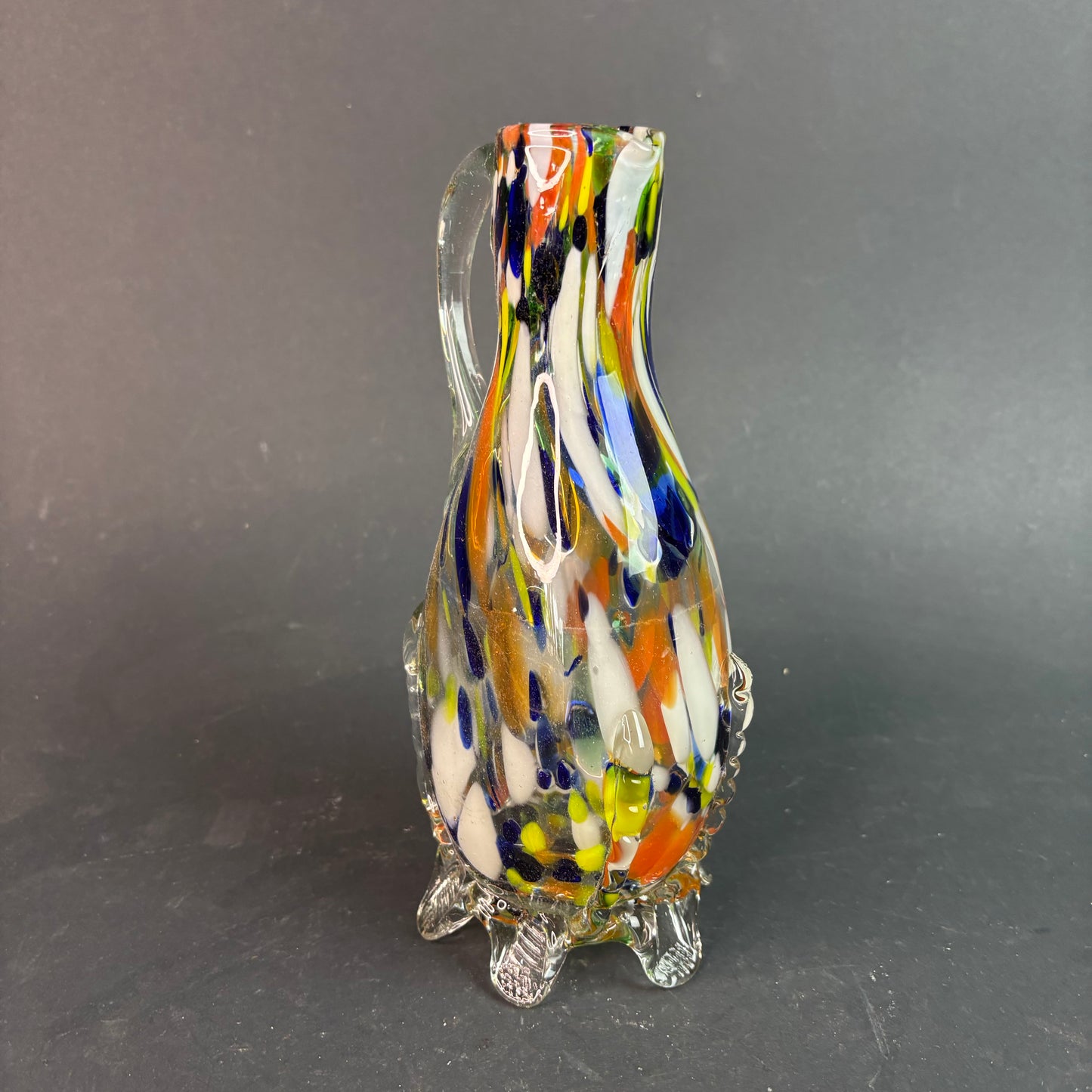 Vintage Murano Style Art Glass Jug Vase – Multicolour Spatter with Applied Feet & Handle