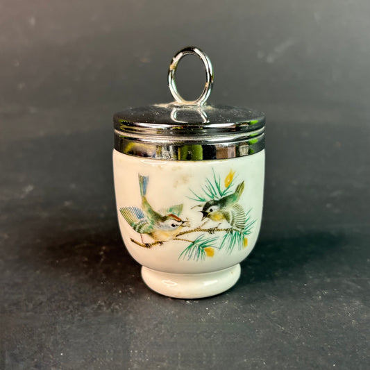 Royal Worcester Egg Coddler – Wren Bird Scene with Chrome Lid Made in England