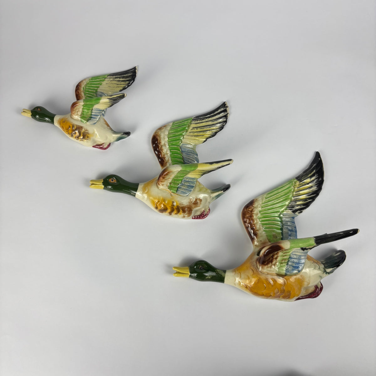 Vintage Ceramic Flying Mallard Ducks Wall Plaques – Set of 3 c.1950s