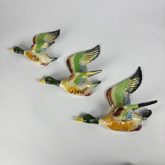 Vintage Ceramic Flying Mallard Ducks Wall Plaques – Set of 3 c.1950s