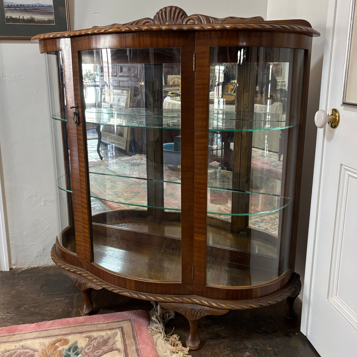 Vintage Walnut Veneer Bow Front Curved Glass Display Cabinet