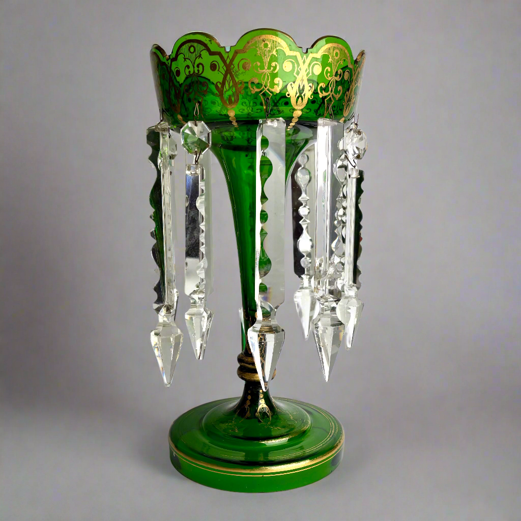 Victorian Green Glass Lustre with Prisms – 31cm