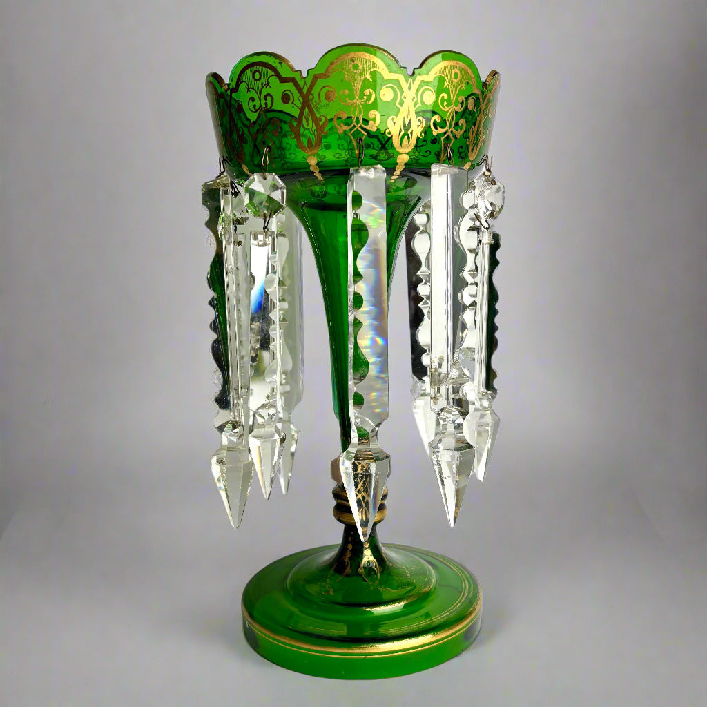Victorian Green Glass Lustre with Prisms – 31cm