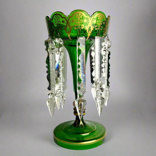 Victorian Green Glass Lustre with Prisms – 31cm