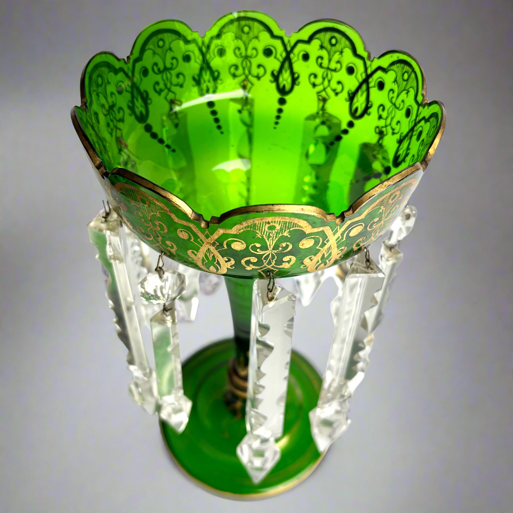 Victorian Green Glass Lustre with Prisms – 31cm
