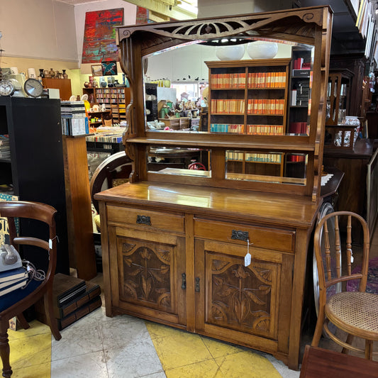 Arts & Crafts Carved Oak Sideboard with Mirror c.1915 – Art Nouveau Floral Design