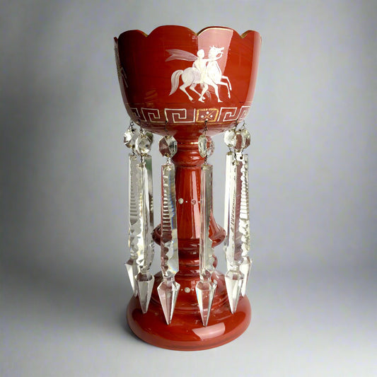 Antique Red Glass Lustre Vase with Prisms – 32cm