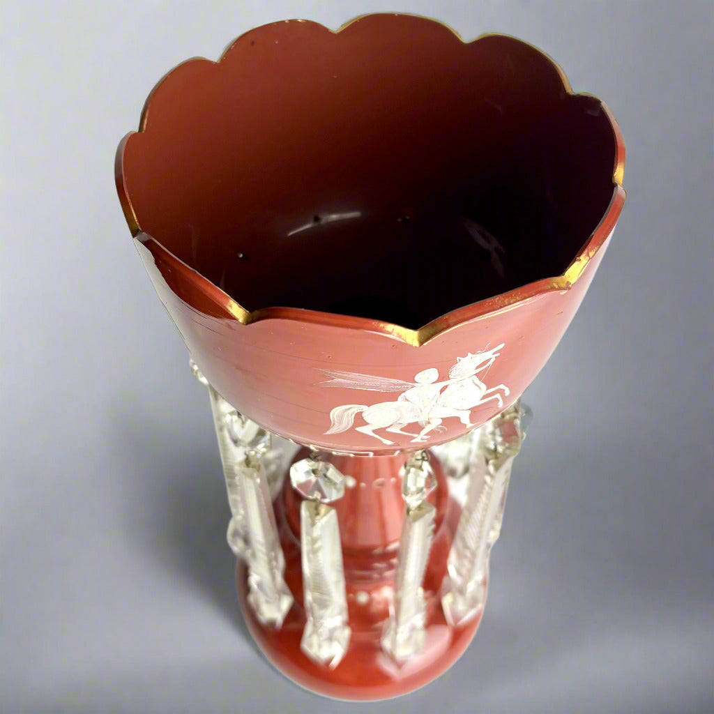 Antique Red Glass Lustre Vase with Prisms – 32cm