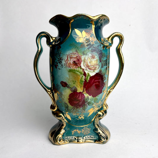 Antique English Mantel Vase with Hand-Painted Roses – 19.5cm