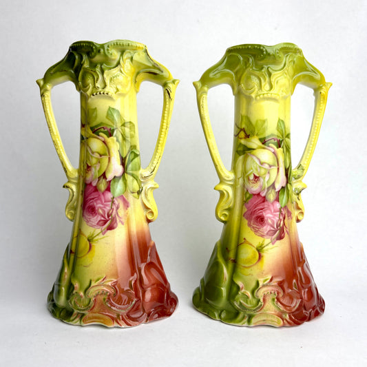 Pair of Antique English Vases – Art Nouveau Style with Roses (20cm)