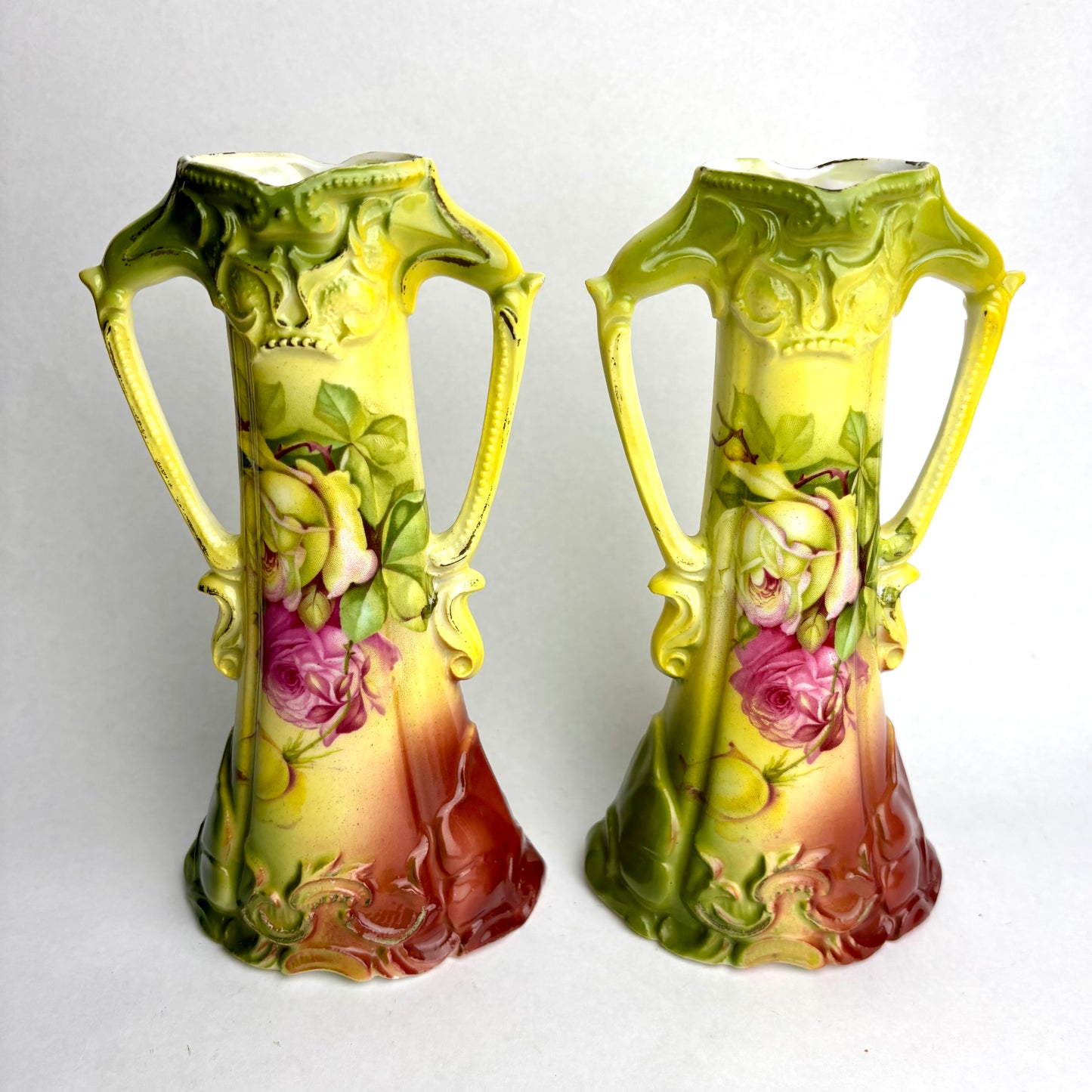 Pair of Antique English Vases – Art Nouveau Style with Roses (20cm)