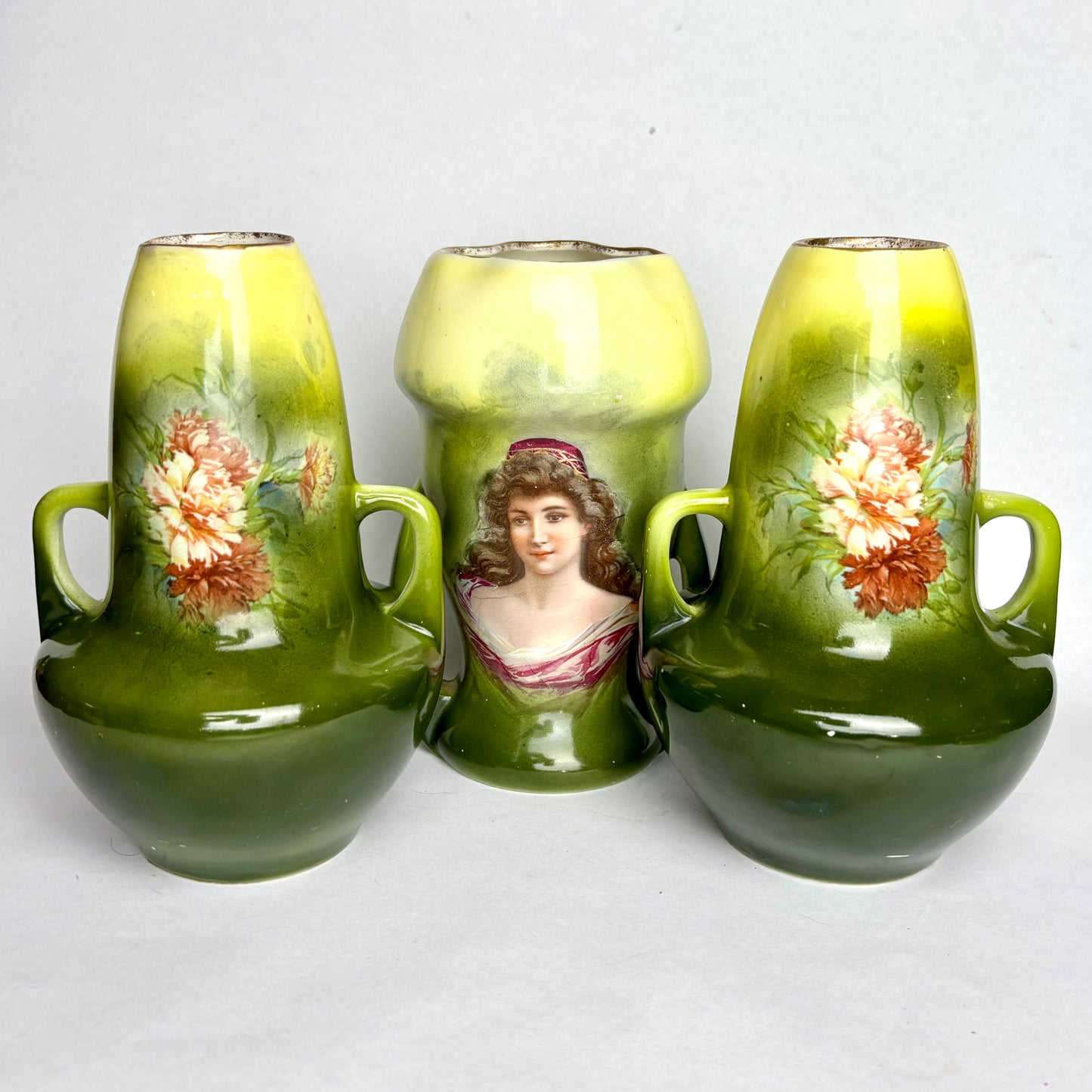 Set of 3 Antique English Vases – Florals & Portrait (17cm Tallest)