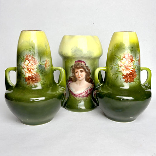 Set of 3 Antique English Vases – Florals & Portrait (17cm Tallest)
