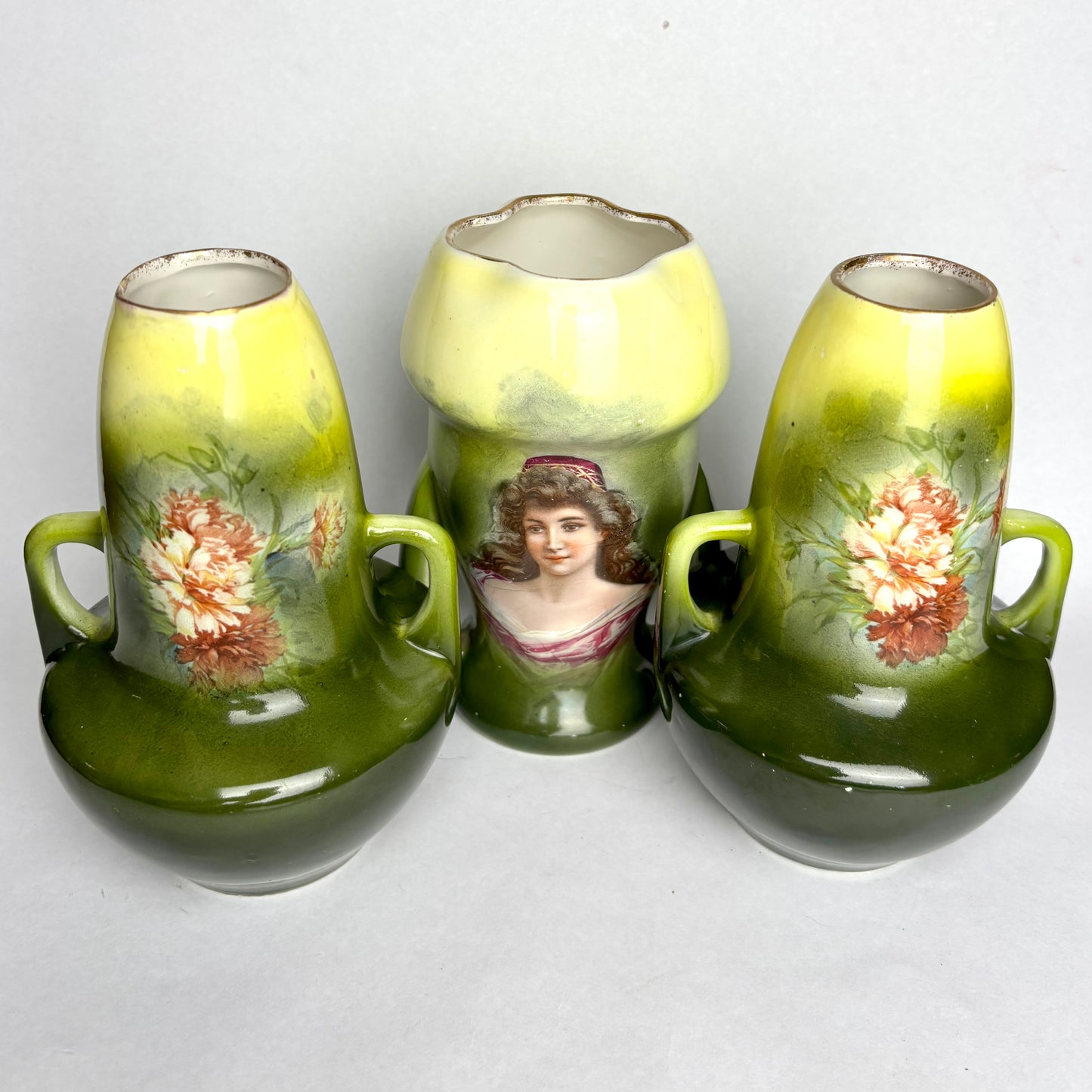 Set of 3 Antique English Vases – Florals & Portrait (17cm Tallest)