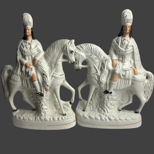 Pair of Antique Victorian Staffordshire Scottish Highlander Hunters on Horseback