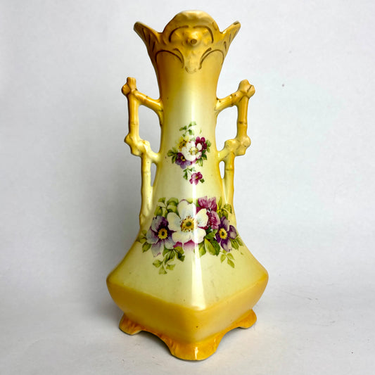 Antique English Vase – Bamboo Handle & Floral Motif (24cm)