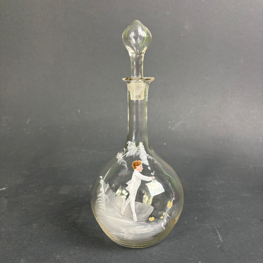 Antique Mary Gregory Glass Decanter – Tall Clear Glass with Enamel Figure & Stopper c.1880