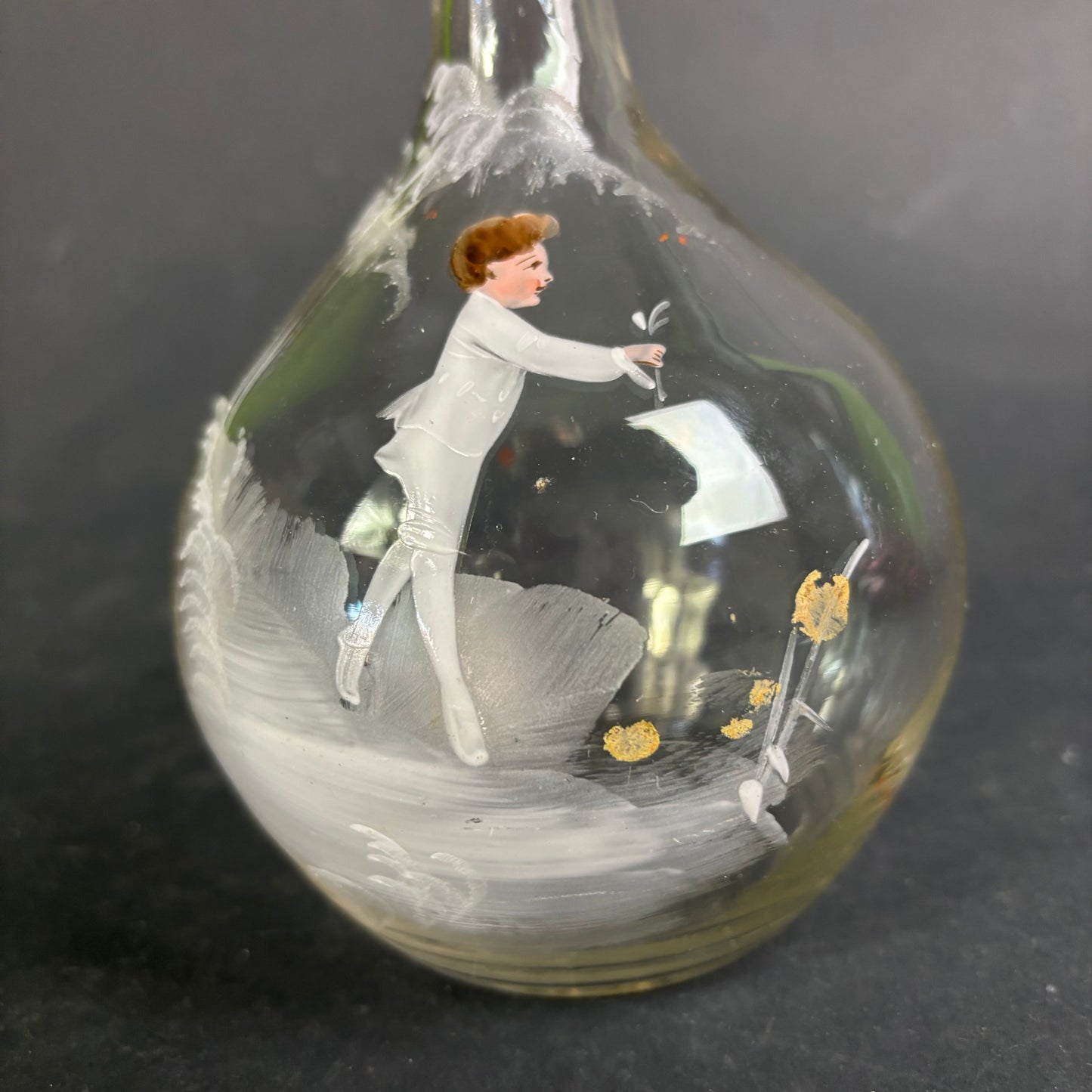 Antique Mary Gregory Glass Decanter – Tall Clear Glass with Enamel Figure & Stopper c.1880