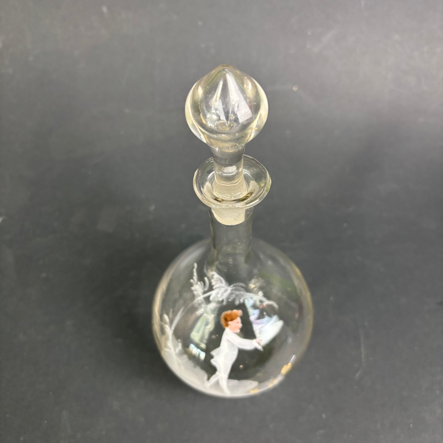 Antique Mary Gregory Glass Decanter – Tall Clear Glass with Enamel Figure & Stopper c.1880