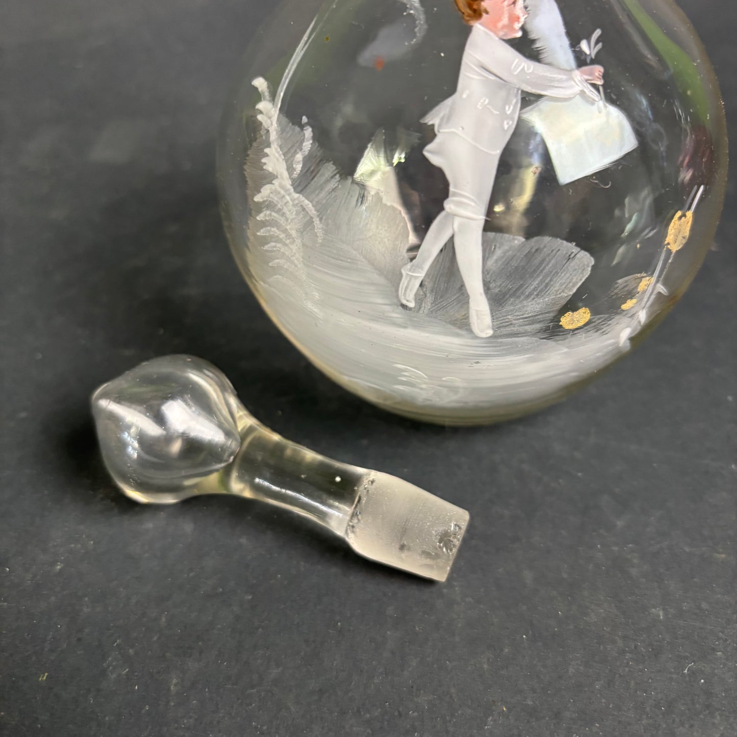 Antique Mary Gregory Glass Decanter – Tall Clear Glass with Enamel Figure & Stopper c.1880