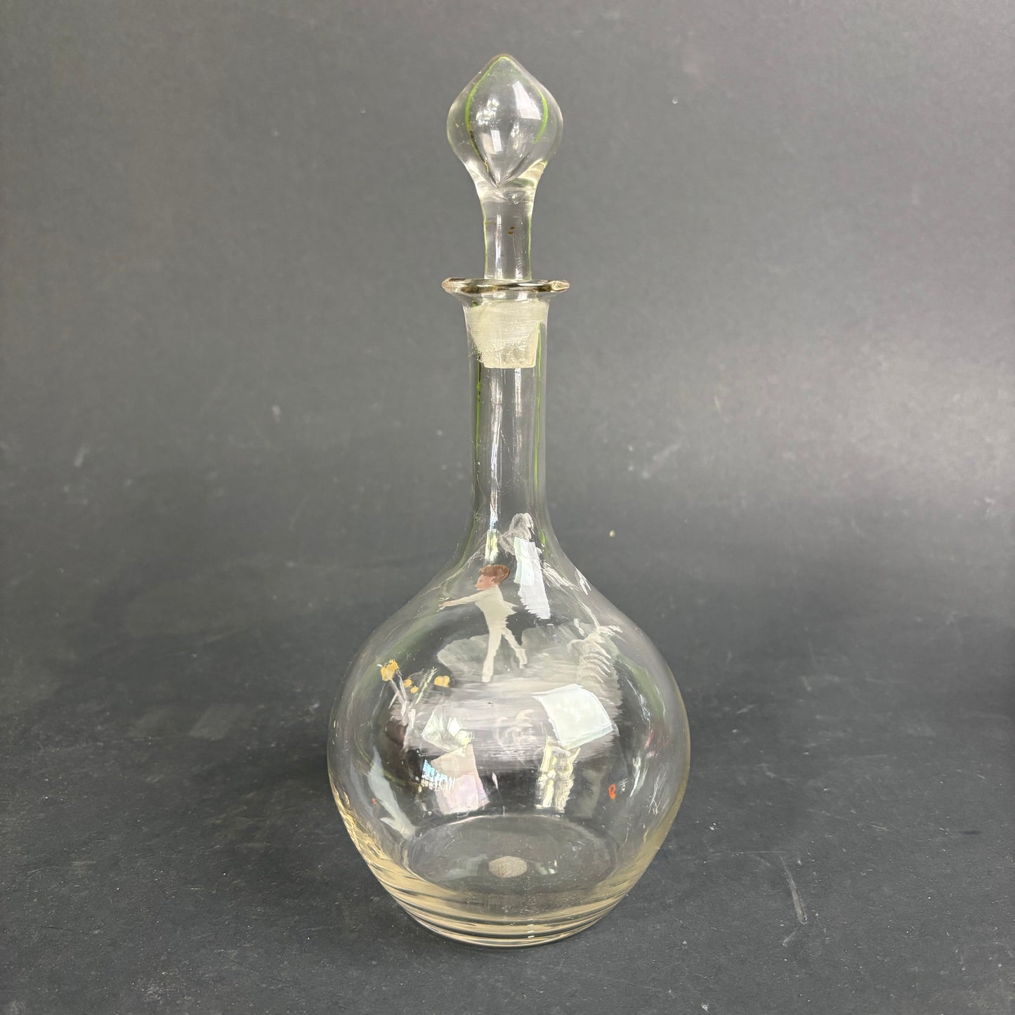 Antique Mary Gregory Glass Decanter – Tall Clear Glass with Enamel Figure & Stopper c.1880