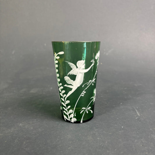 Antique Green Mary Gregory Glass Tumbler – Cherub / Cupid c.1880