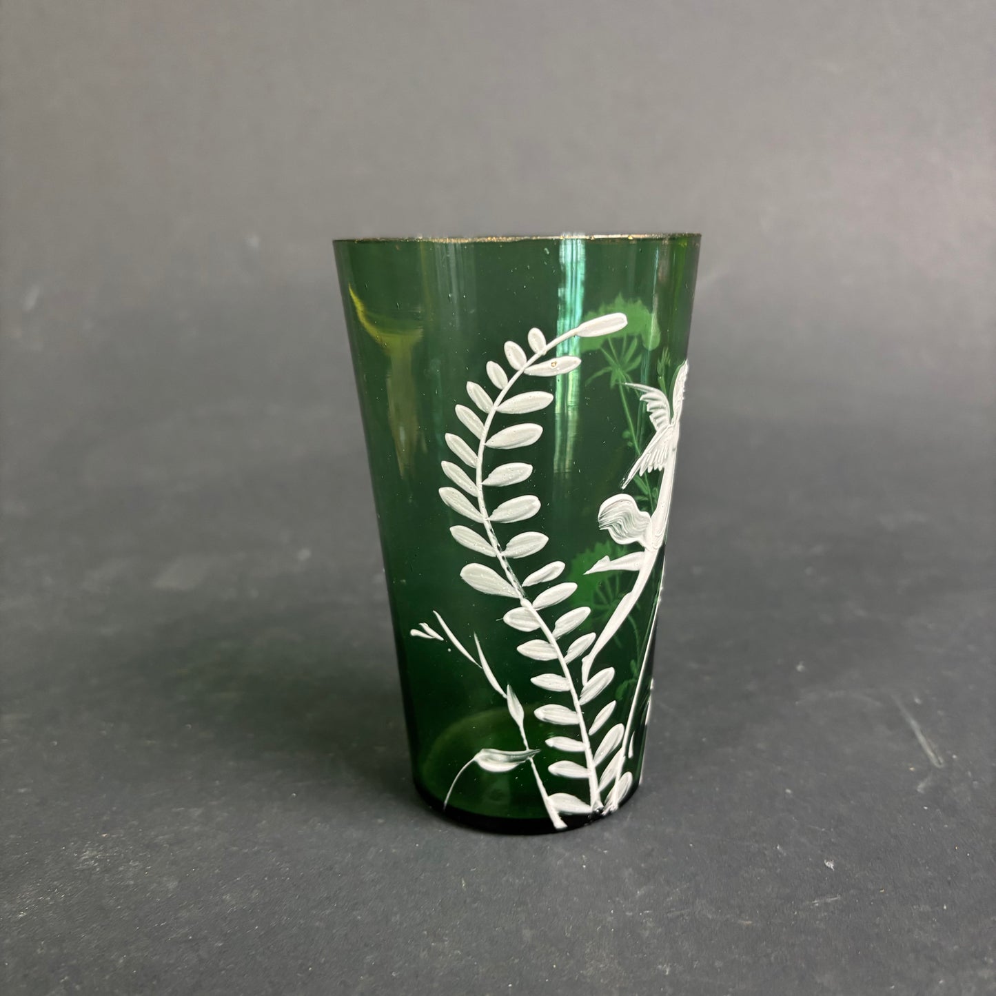 Antique Green Mary Gregory Glass Tumbler – Cherub / Cupid c.1880