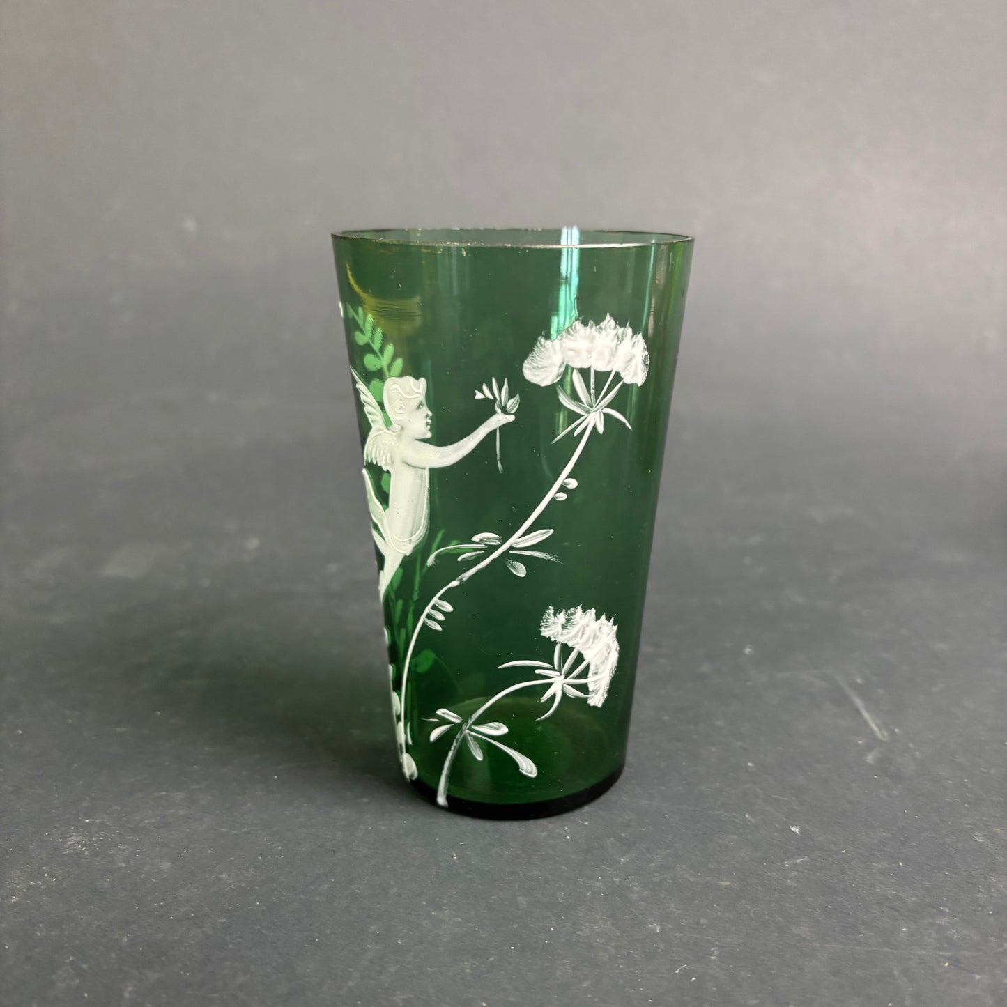 Antique Green Mary Gregory Glass Tumbler – Cherub / Cupid c.1880