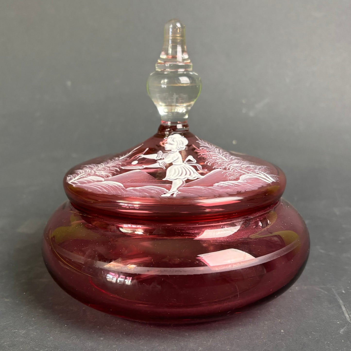 Victorian Mary Gregory Cranberry Glass Lidded Trinket Dish c.1880