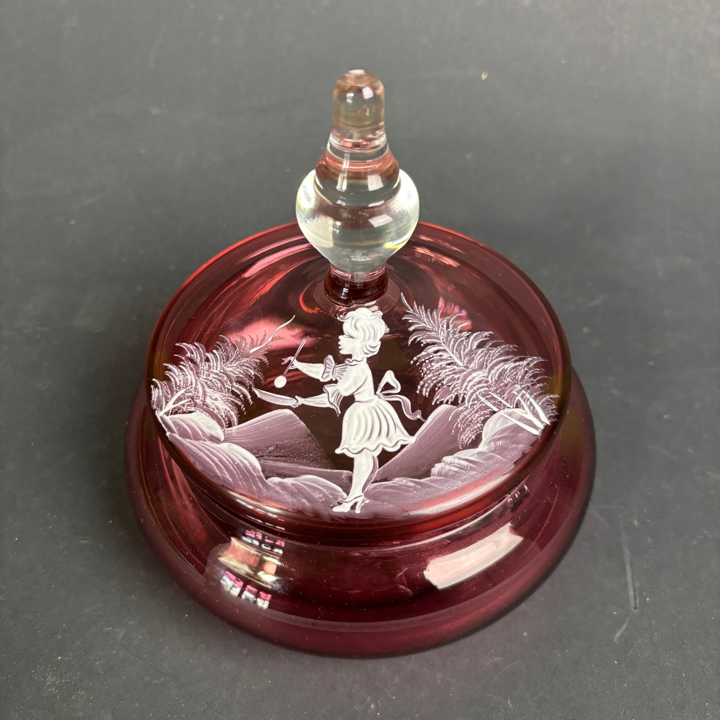 Victorian Mary Gregory Cranberry Glass Lidded Trinket Dish c.1880