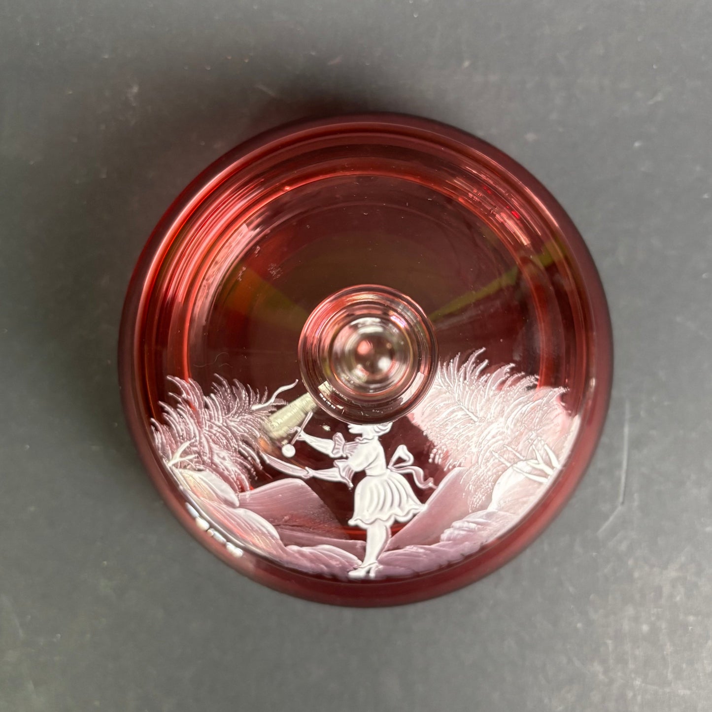Victorian Mary Gregory Cranberry Glass Lidded Trinket Dish c.1880
