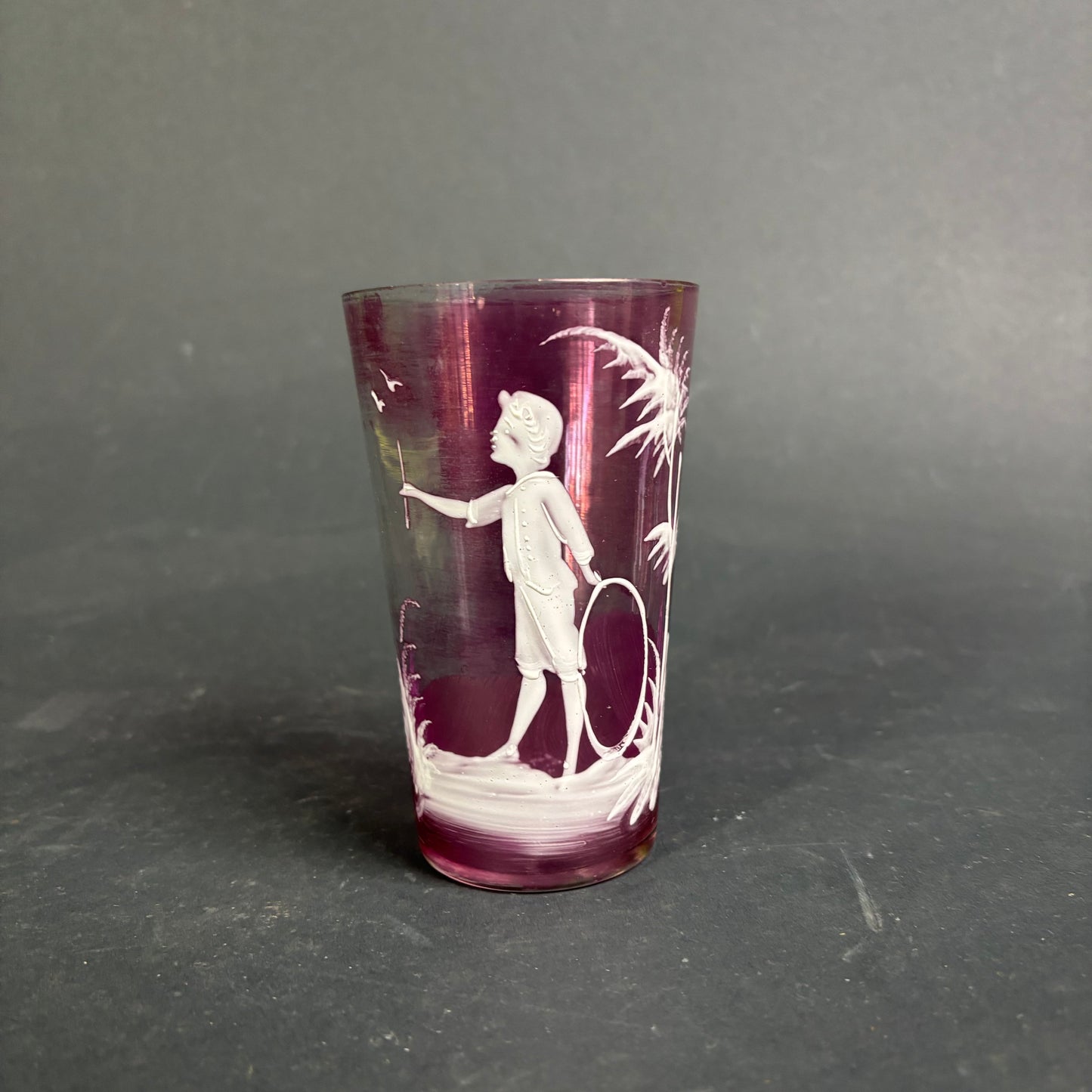 Antique Cranberry Mary Gregory Glass Tumbler – Boy with Hoop c.1880