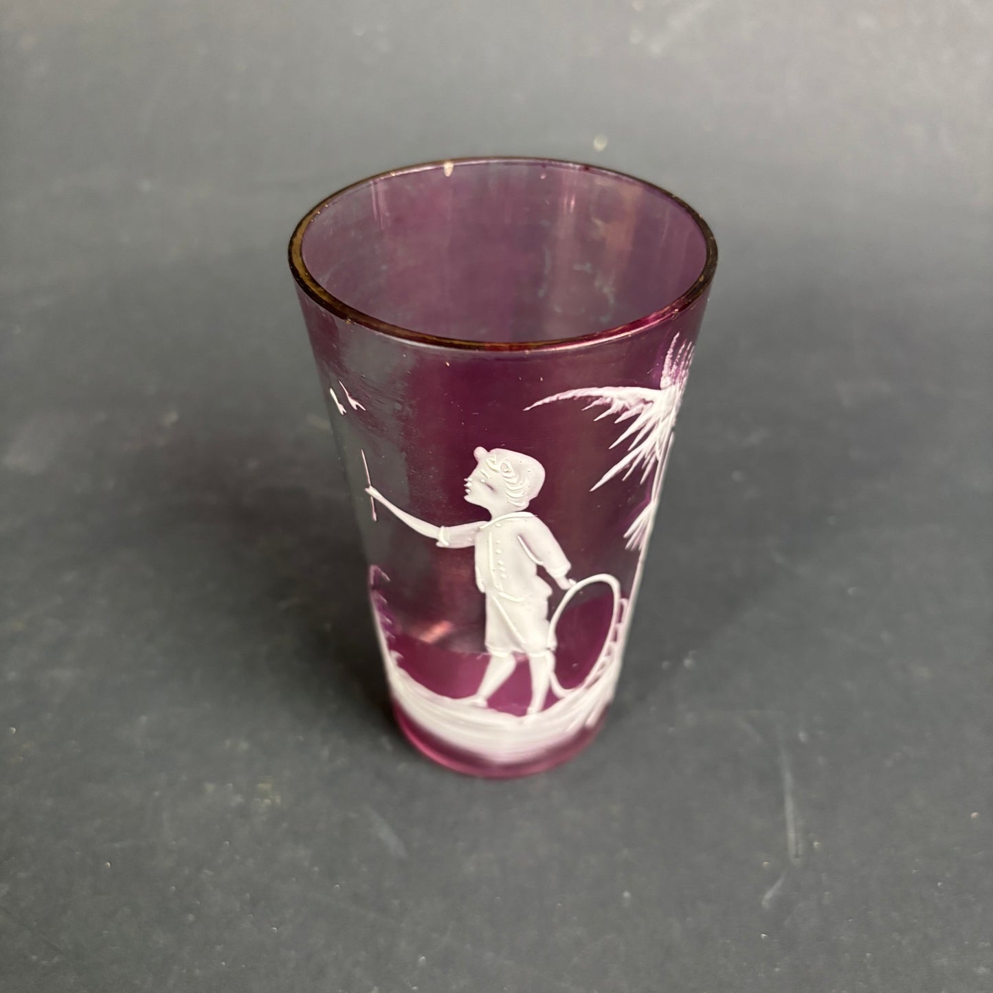 Antique Cranberry Mary Gregory Glass Tumbler – Boy with Hoop c.1880
