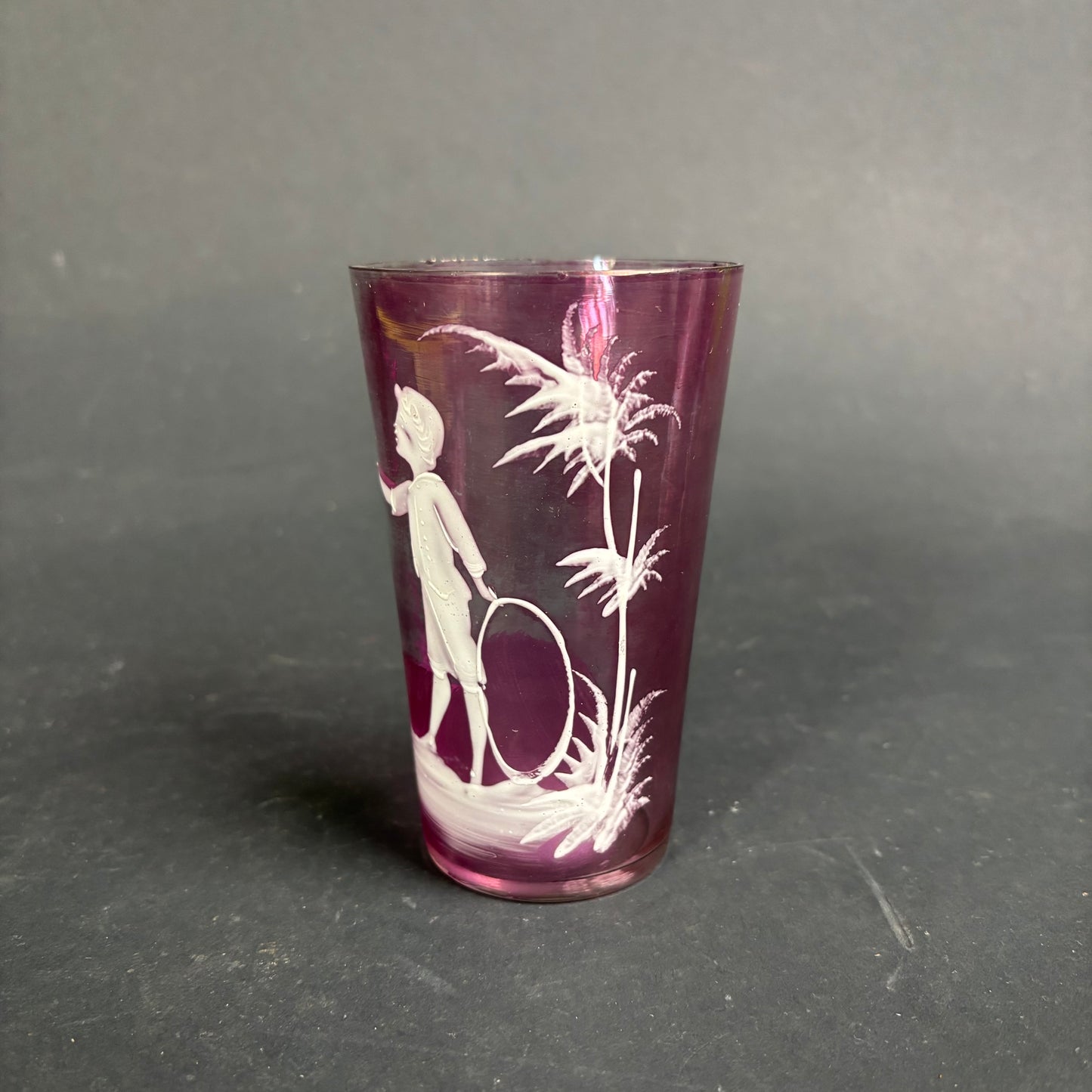 Antique Cranberry Mary Gregory Glass Tumbler – Boy with Hoop c.1880