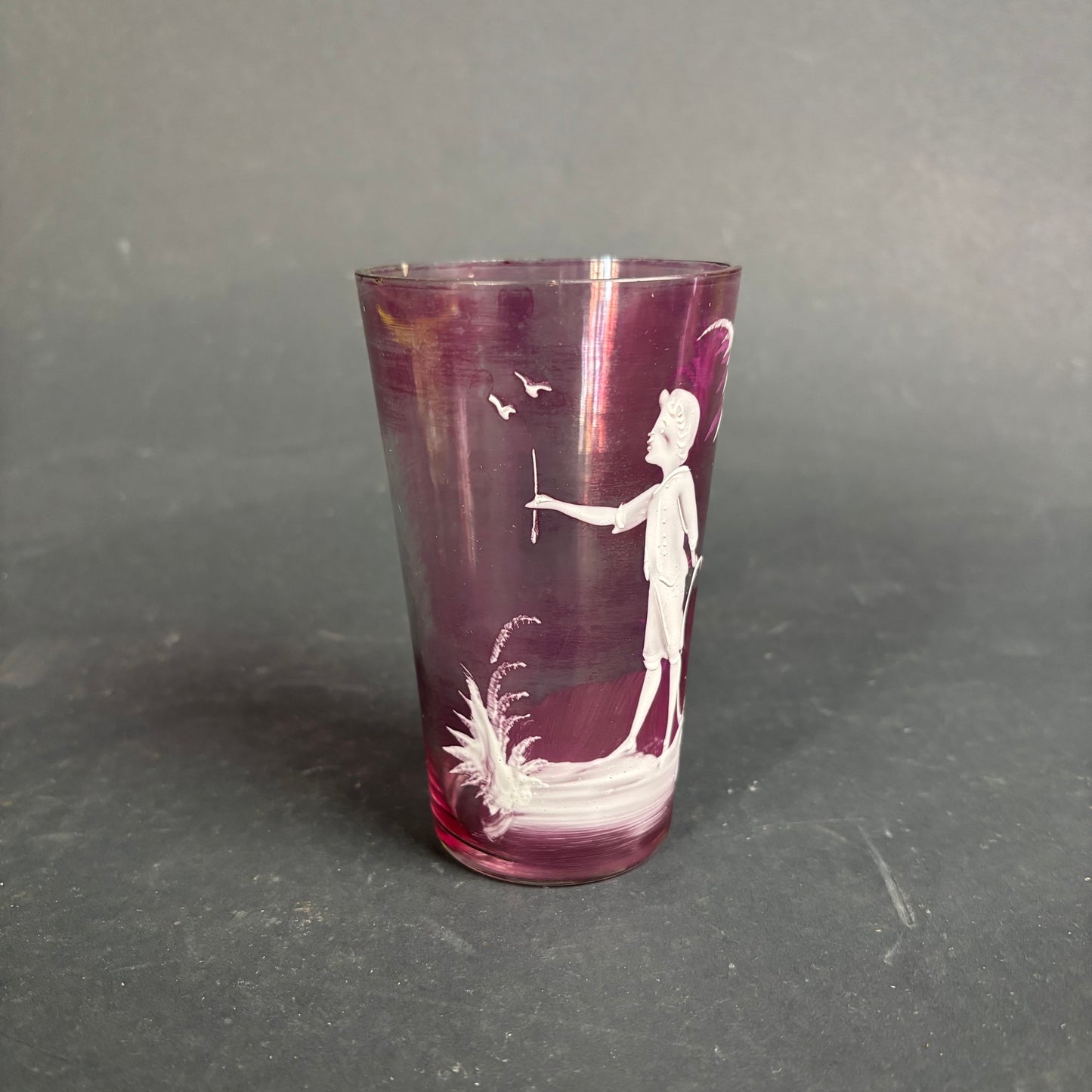 Antique Cranberry Mary Gregory Glass Tumbler – Boy with Hoop c.1880