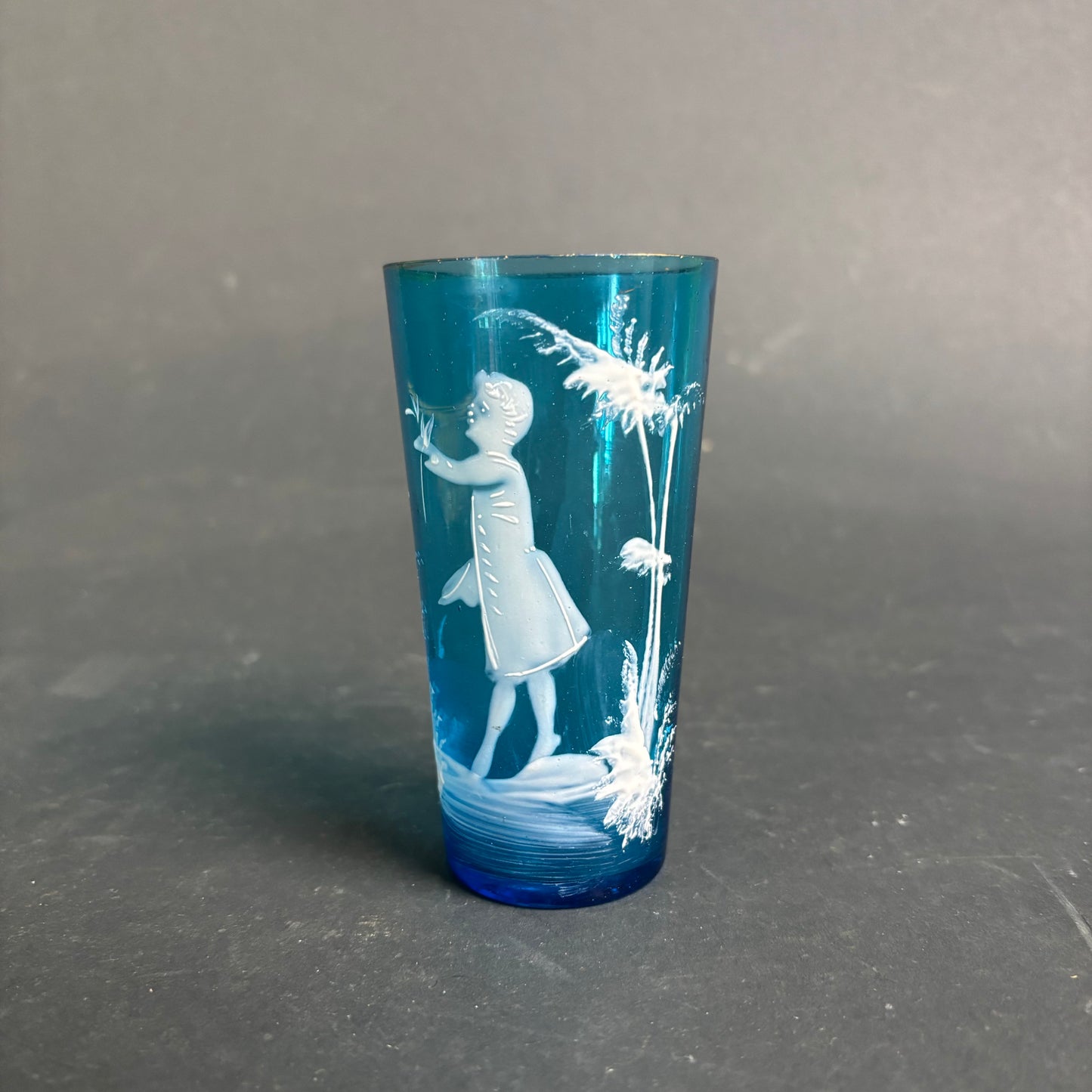 Bohemian Blue Glass Tumbler Mary Gregory Style Enamel c.1900