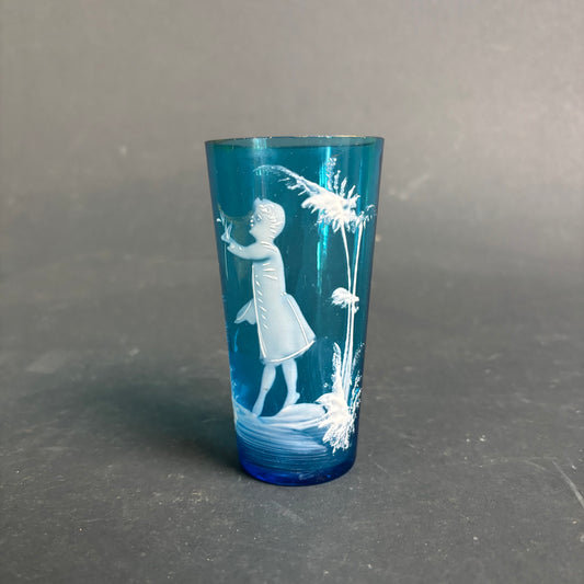Bohemian Blue Glass Tumbler Mary Gregory Style Enamel c.1900