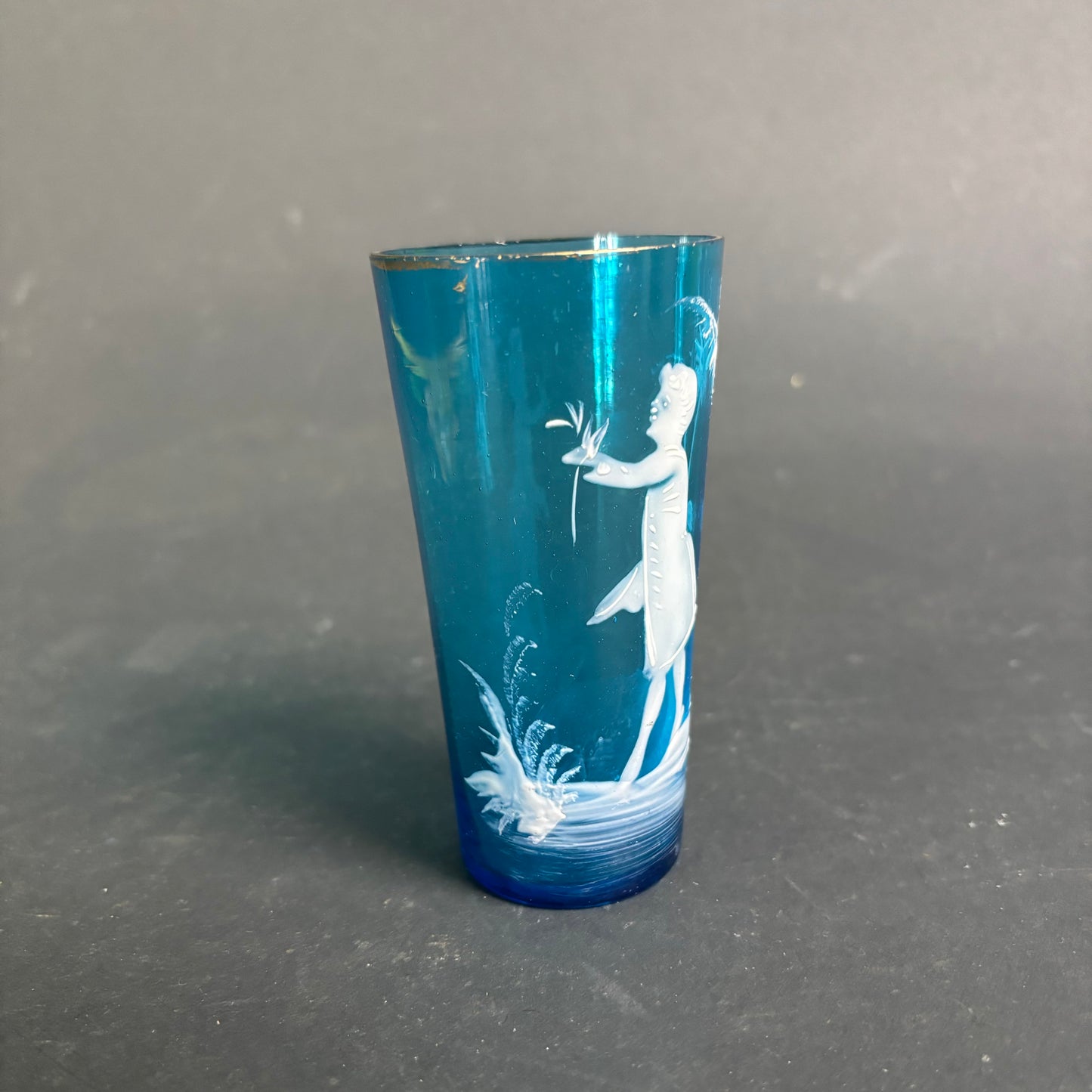 Bohemian Blue Glass Tumbler Mary Gregory Style Enamel c.1900