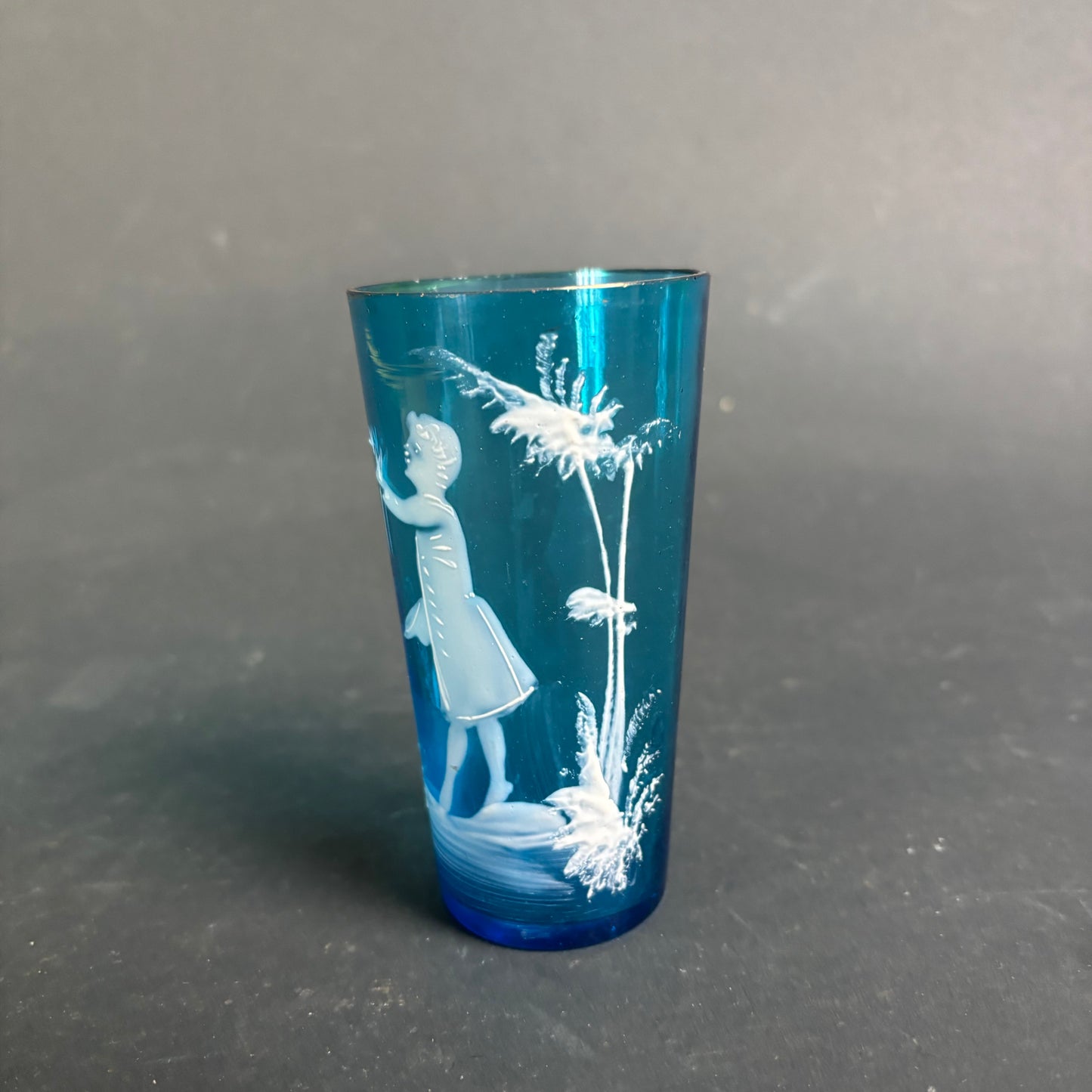 Bohemian Blue Glass Tumbler Mary Gregory Style Enamel c.1900