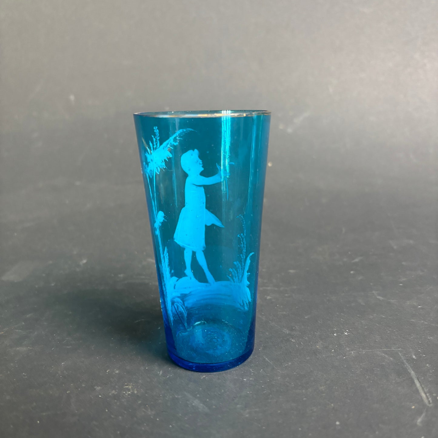 Bohemian Blue Glass Tumbler Mary Gregory Style Enamel c.1900