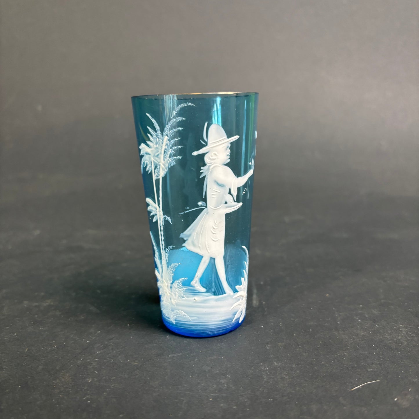 Bohemian Blue Glass Tumbler Mary Gregory Style Enamel Figure c.1900