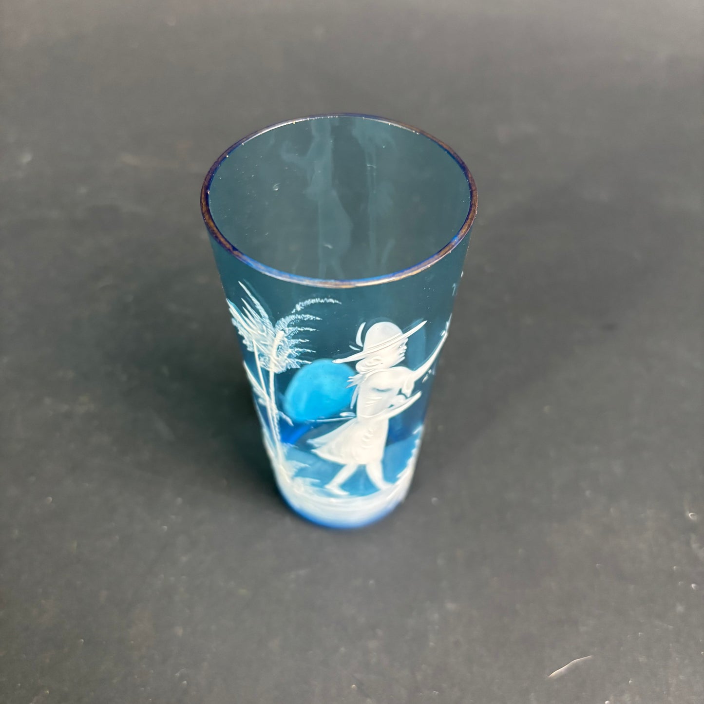 Bohemian Blue Glass Tumbler Mary Gregory Style Enamel Figure c.1900