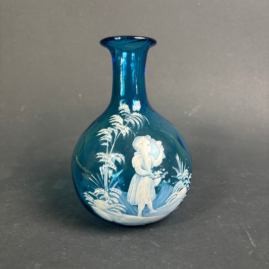 Bohemian Blue Glass Vase Mary Gregory Style Enamel Girl c.1900
