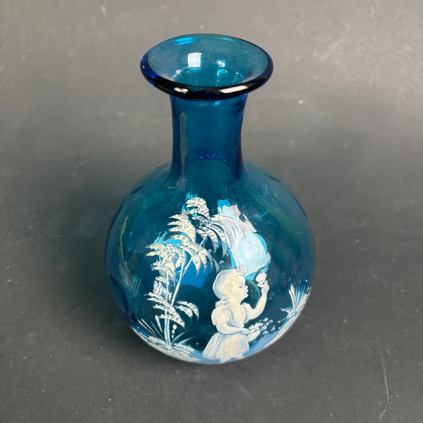 Bohemian Blue Glass Vase Mary Gregory Style Enamel Girl c.1900