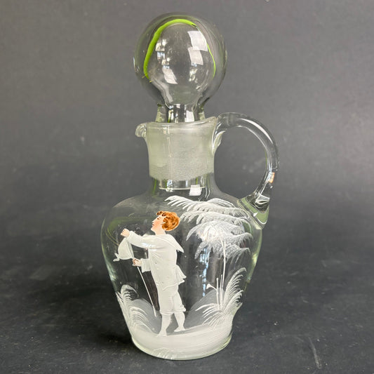 Antique Mary Gregory Glass Decanter – Clear Glass with Enamel Figure & Stopper c.1880