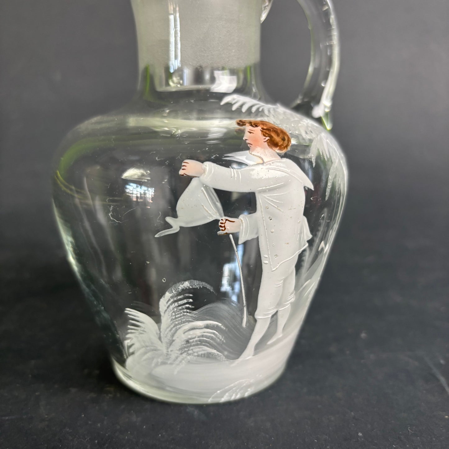 Antique Mary Gregory Glass Decanter – Clear Glass with Enamel Figure & Stopper c.1880