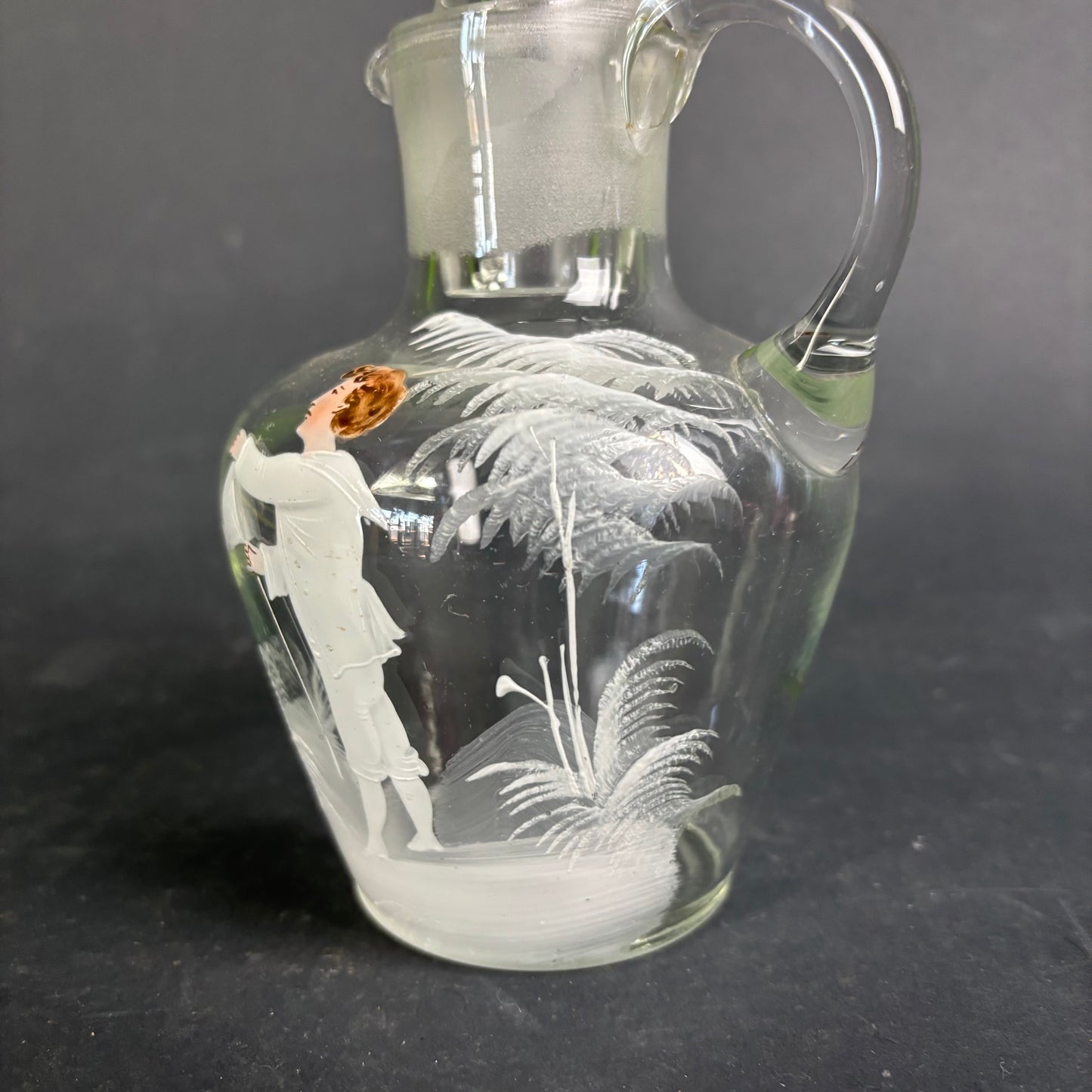 Antique Mary Gregory Glass Decanter – Clear Glass with Enamel Figure & Stopper c.1880